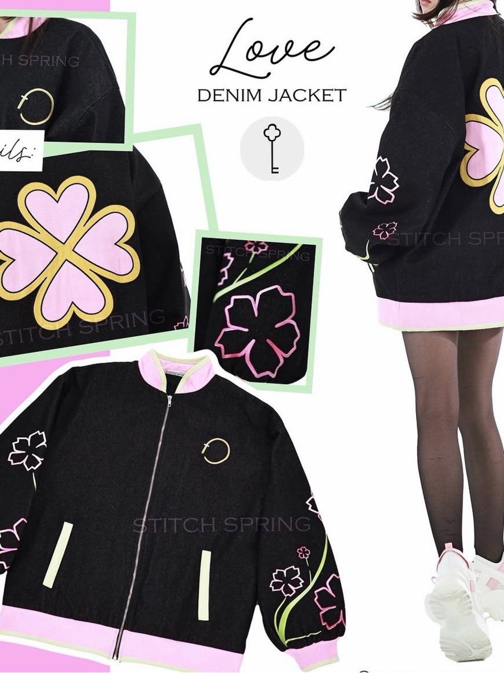 First Love Denim Bomber Jacket with Pink & Yellow Floral Motifs